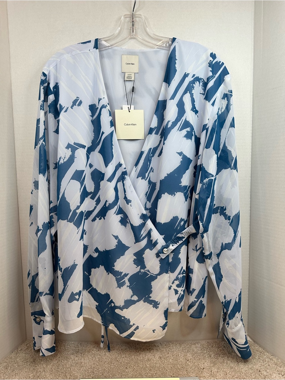 Calvin Klein Blue & White Abstract Wrap Top, XL, NWT